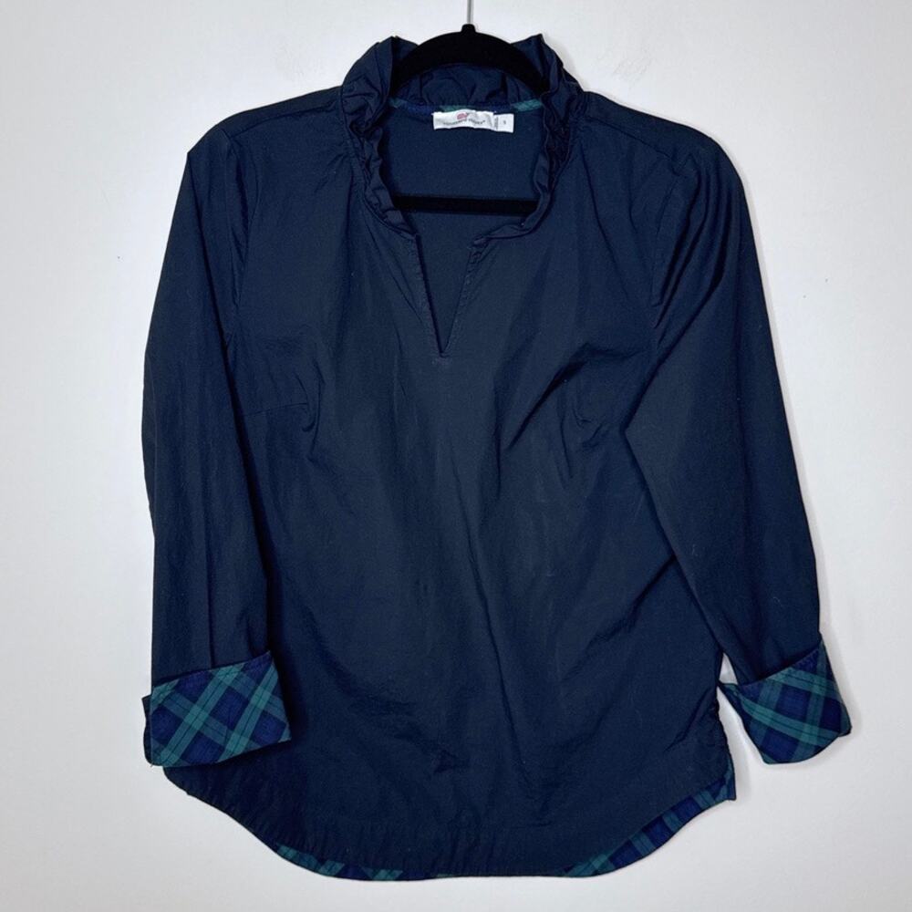 Vineyard Vines Small Pullover Ruffle V-Neck Tartan Plaid Trimmed Top Long Sleeve